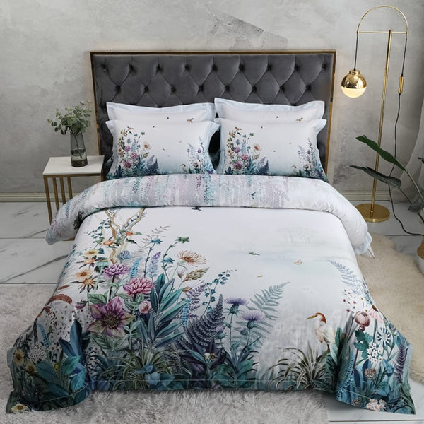 Flowers Print Duvet Cover Set Off White (Egyptian Cotton)